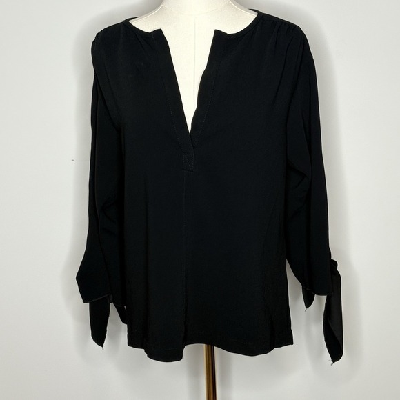 Trina Turk Black Split Neck Blouse XS Long Sleeve Tie Cuff Minimalist Style - Picture 1 of 10